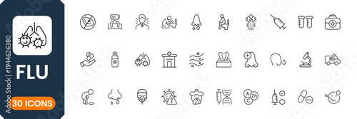 Flu and cold medical icon set with virus, fever, cough and healthcare treatment symbols modern outline vector collection for medical apps