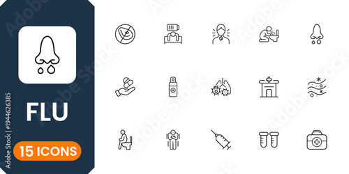 Medical flu symptoms icon pack featuring virus infection, cough, fever and healthcare protection symbols modern flat vector set