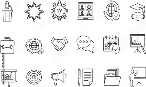 Business Conference and Education Line Icon Set: Professional Meeting, Seminar, Corporate Growth, and Online Learning Icons