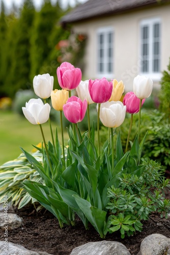Colorful tulips blooming in a home garden during spring