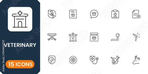 Modern veterinary and pet healthcare icon pack featuring animal clinic, treatment tools and pet care symbols clean vector set