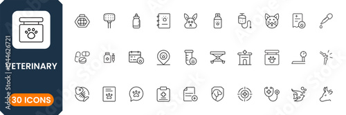 Veterinary icon set with pet care, animal hospital, dog cat treatment and veterinary clinic symbols modern outline vector collection