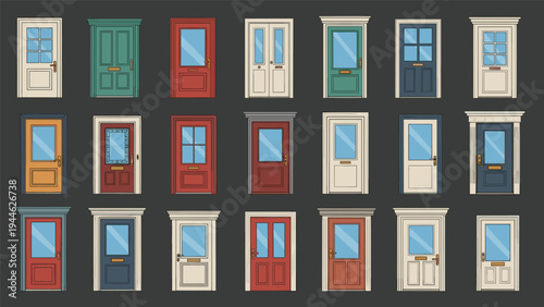Extensive grid of residential door designs shows a wide variety of styles, colors, and architectural details.