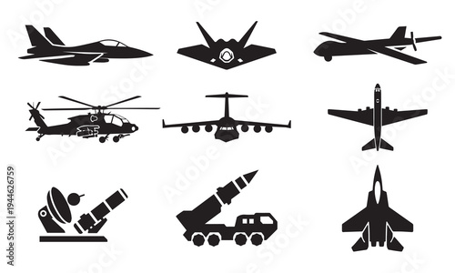 Military aircraft and fighter jet silhouette icon set. Helicopter, bomber plane, drone, missile launcher and war aviation symbols