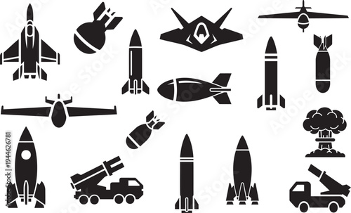 Military missile rocket and bomb silhouette icon set. Ballistic weapons, nuclear explosion, launcher truck and torpedo symbols