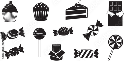 Candy and sweet dessert silhouette icon set with cupcake cake slice chocolate bar lollipop and wrapped sweets