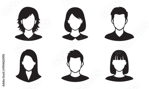 User profile avatar silhouette set. Blank face characters for app accounts and buyer personas. Black vector glyphs.

