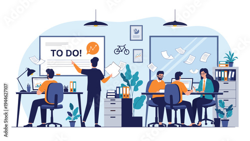 Productive office workers collaborate in a busy workspace with flying papers and a large to-do list on the wall.