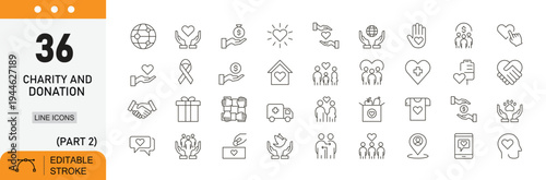 Charity and donation line icons set. Nonprofit, fundraising, and support symbols collection. Help, community, giving. Editable stroke.