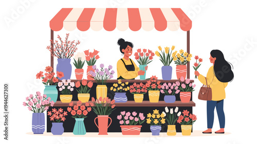 Busy flower shop stall features a florist arranging bouquets for a customer among rows of vibrant flower pots.