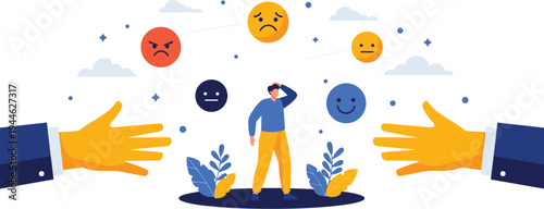 Emotional Struggles and Decision-Making Concept with Different Mood Faces, Hands Offering Help, and Person Feeling Conflicted