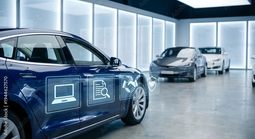 Obraz premium Blue electric car in modern showroom with digital icons for online booking and warranty contracts displayed on side panel while other luxury vehicles stand in bright minimalist dealership interior