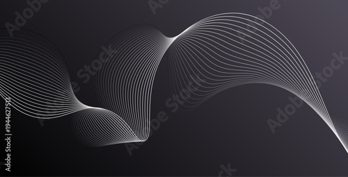 A modern abstract digital backdrop with a gradient texture featuring wavy white lines on a dark background