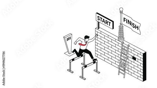 Ambitious businessman jumps over hurdles and a brick wall toward a finish line symbolizing business success.