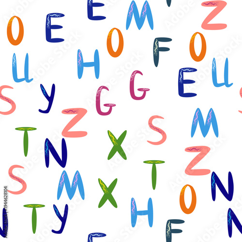 ABC seamless pattern in simple cartoon style. Cute alphabet print - hand drawn childish seamless pattern design. Digital paper.