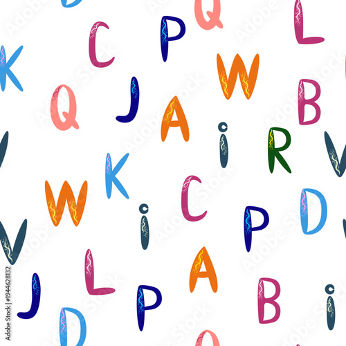 ABC seamless pattern in simple cartoon style. Cute alphabet print - hand drawn childish seamless pattern design. Digital paper.