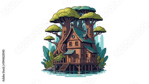 Whimsical wooden treehouse built among lush green trees over water with a staircase leading down to a platform in a peaceful setting.