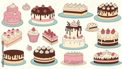 Comprehensive collection of various delicious decorated cakes, cupcakes, and dessert slices in a charming hand-drawn illustration style.