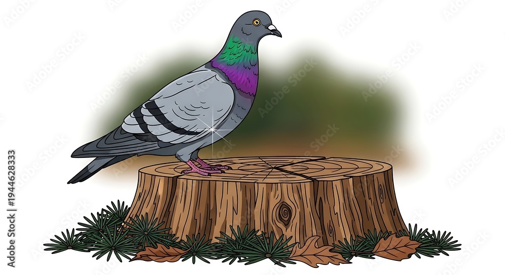 Fototapeta premium A Pigeon Perched on a Tree Stump illustration