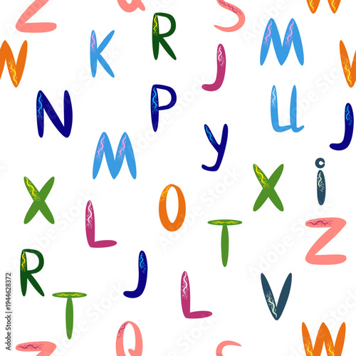 ABC seamless pattern in simple cartoon style. Cute alphabet print - hand drawn childish seamless pattern design. Digital paper.