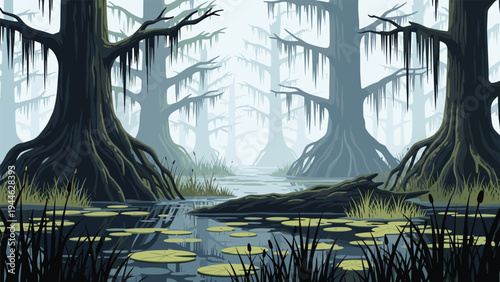 Atmospheric pixel art landscape of a mysterious misty swamp with tall cypress trees reflected in the calm water covered with lily pads.