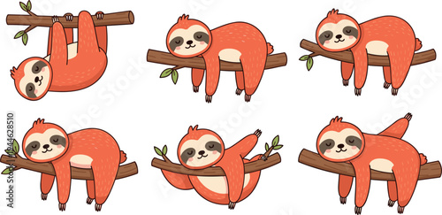 Adorable Sloth Characters Hanging on Branches, Relaxing and Lazy, Cute Animal Illustrations in Playful Poses