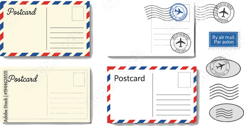 Postcard and Air Mail Illustration Set with Stamps, Postmarks, and Classic Envelope Design
