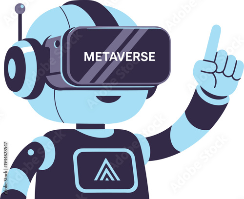 Robot wearing vr headset with metaverse text
