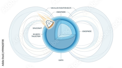 Diagram illustrating a spacecraft's re-entry trajectory through Earth's atmosphere and magnetosphere, including the Van Allen radiation belts.