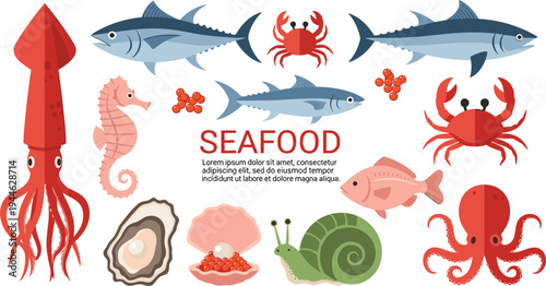 Seafood Collection with Squid, Fish, Crab, Octopus, Seahorse, Oyster, and Snail, Cartoon Marine Life Illustration