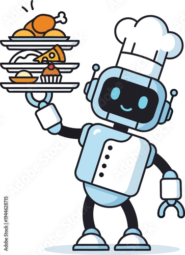 Cute robot chef holding a tray of food