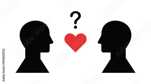 Two silhouetted heads facing each other with a red heart and question mark between them, symbolizing love and uncertainty.