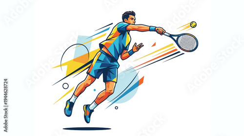 Dynamic illustration of a male tennis player in mid-air executing a powerful serve with a tennis racket and ball.