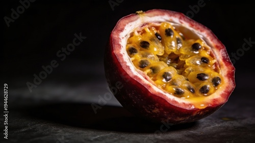 Purple passion fruit cut in half reveals glistening orange gelatinous pulp and crunchy black seeds against a dark stone background with dramatic side lighting.