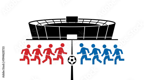 Illustration of a soccer stadium with two teams of players running towards a soccer ball.