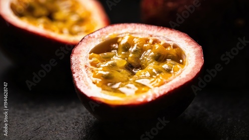 Halved purple passion fruits display vibrant yellow gelatinous pulp and crunchy seeds on a dark textured surface with dramatic side lighting.