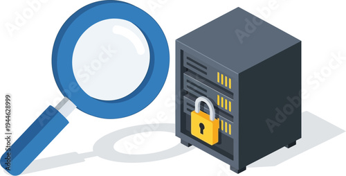 A computer server with a padlock and magnifying glass