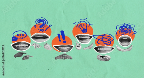 Creative collage illustration of six orange circles with open mouths and various blue thought bubbles, representing communication, ideas, and problem-solving on a green textured background.