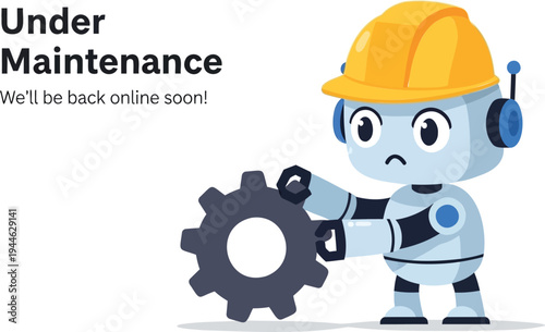 A blue robot wearing a yellow hard hat holding a gear