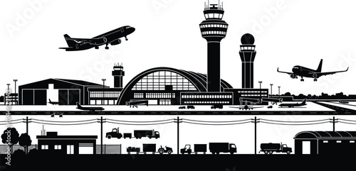 Airport infrastructure silhouette panorama with domed terminal building control towers flying airplanes and ground logistics service vehicles.
