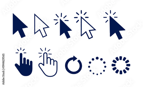 Mouse Cursor Click Icons Set – Pointer, Hand Click, Loading Spinner Vector UI Elements