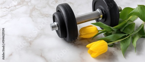 Black barbell plate and yellow tulip arranged on white marble surface with space for text and focus on fitness concept