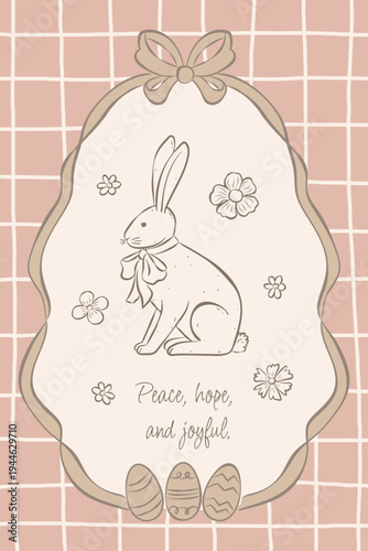 Vintage Easter greeting card with hand drawn bunny, flowers and decorated eggs on a pastel checkered background. Ideal for spring holiday card, invitation, poster, packaging and social media design.