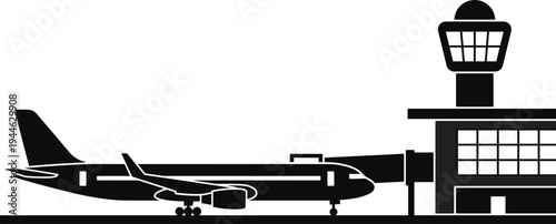 Airport terminal silhouette with airplane connected to passenger boarding bridge next to air traffic control tower building.