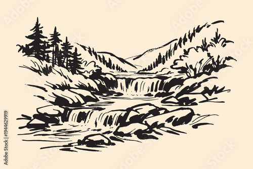 Waterfall landscape ink sketch vector illustration