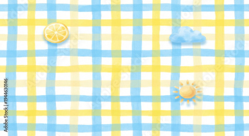 Watercolor Blue and Yellow Gingham Plaid Pattern Background with Lemon Slice, Cloud, and Sun Elements for Summer Design