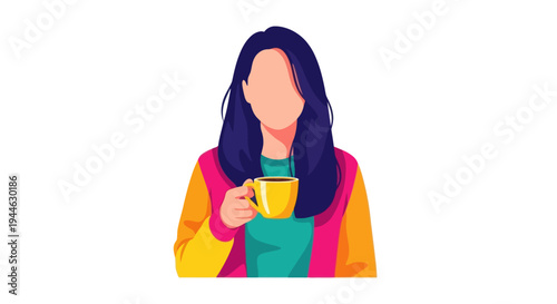 Woman Holding Coffee Cup, Relaxing Moment, Minimalist Illustration