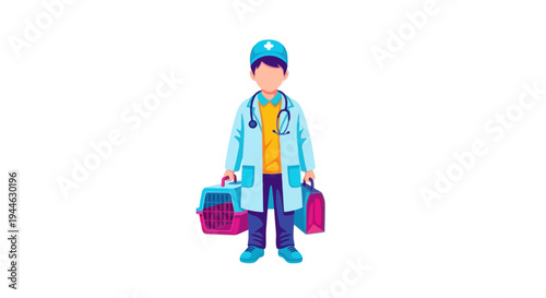 Young veterinarian with pet carrier and medical bag, ready for house calls