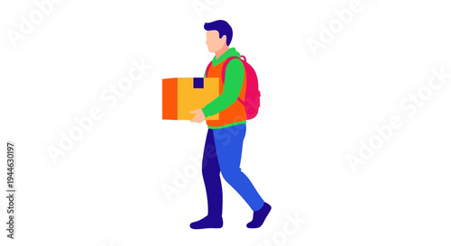 Delivery Person Carrying Package with Backpack - Flat Design