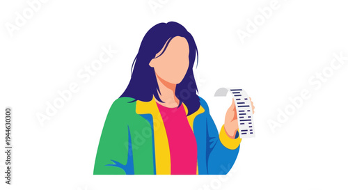 Woman holding receipt, shopping, budget, finance, expense tracking, illustration